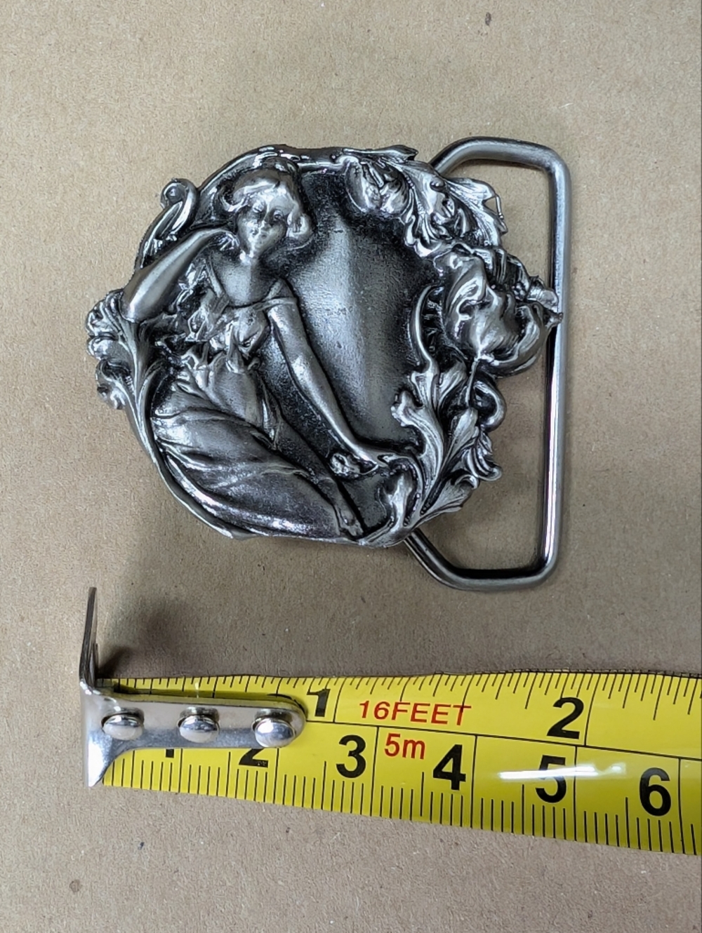 Vintage Silver Art Nouveau Woman & Floral Relief Belt Buckle - Picture 3 of 4